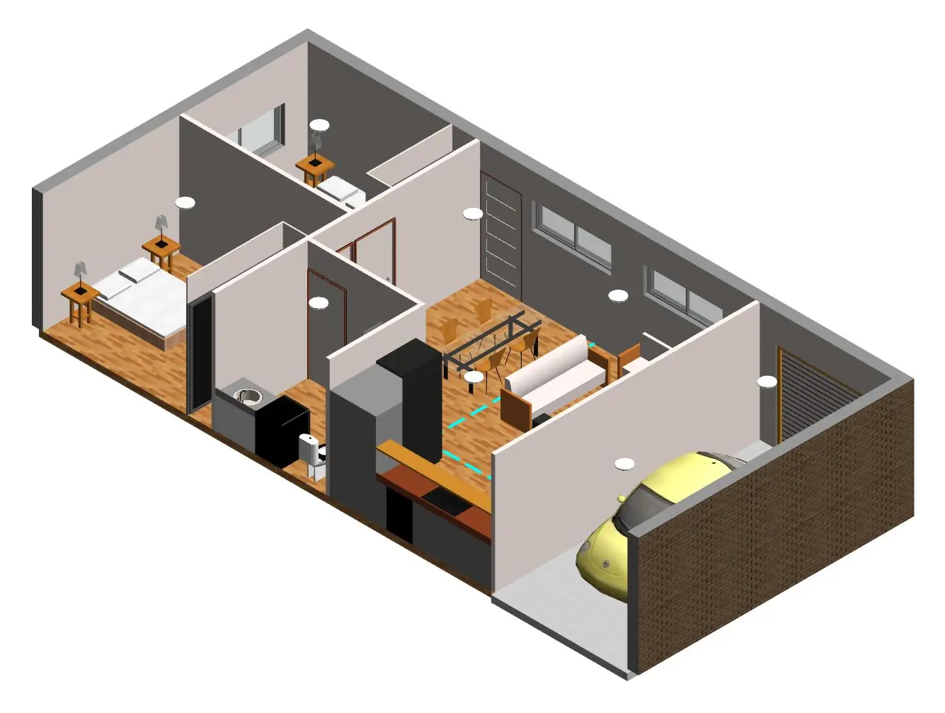 3D cutaway of the Mortdale granny flat showing the furnished layout from the bedroom end