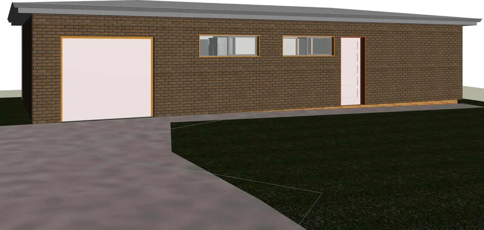 3D render of a single-storey brick granny flat with a skillion roof and single garage