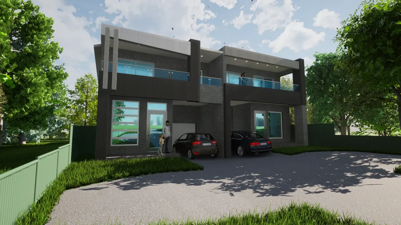 Render 1 of 6: dark-toned two-storey duplex with large windows and balconies, Padstow