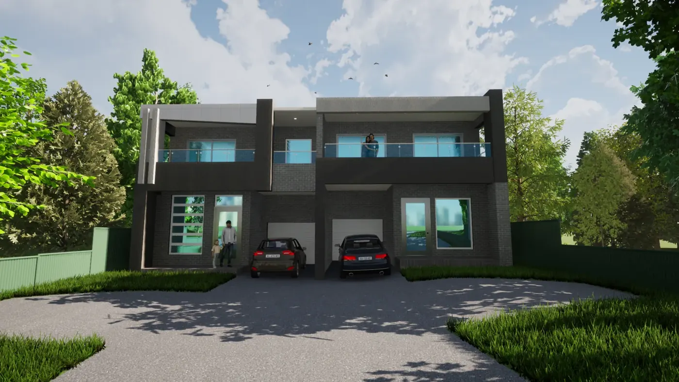 Render 2 of 6: dark-toned two-storey duplex with large windows and balconies, Padstow