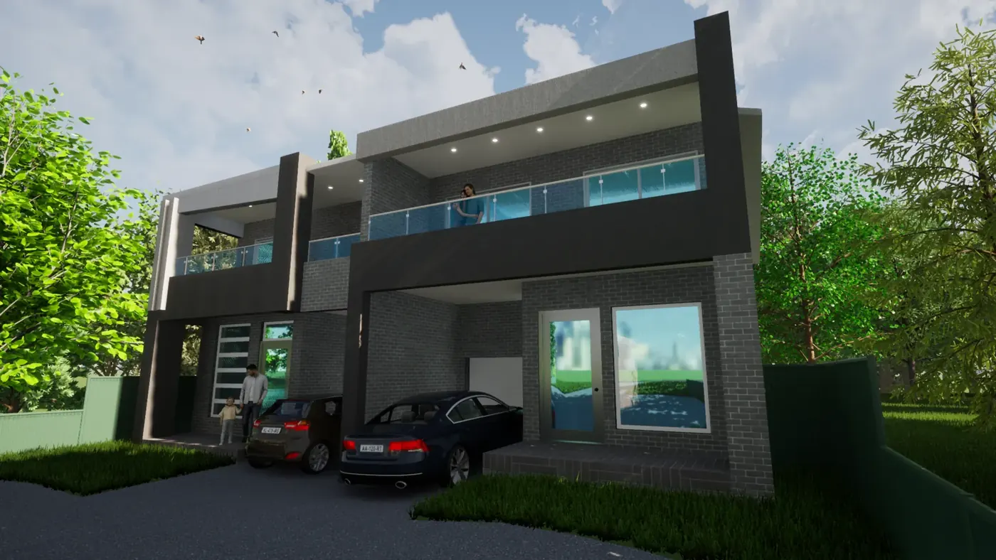 Render 3 of 6: dark-toned two-storey duplex with large windows and balconies, Padstow