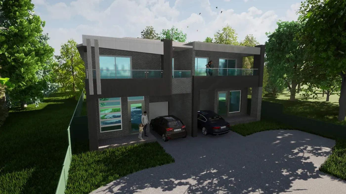 Render 4 of 6: dark-toned two-storey duplex with large windows and balconies, Padstow