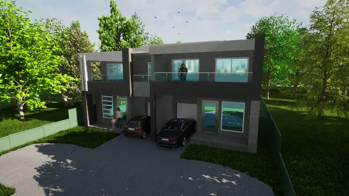 Render 5 of 6: dark-toned two-storey duplex with large windows and balconies, Padstow