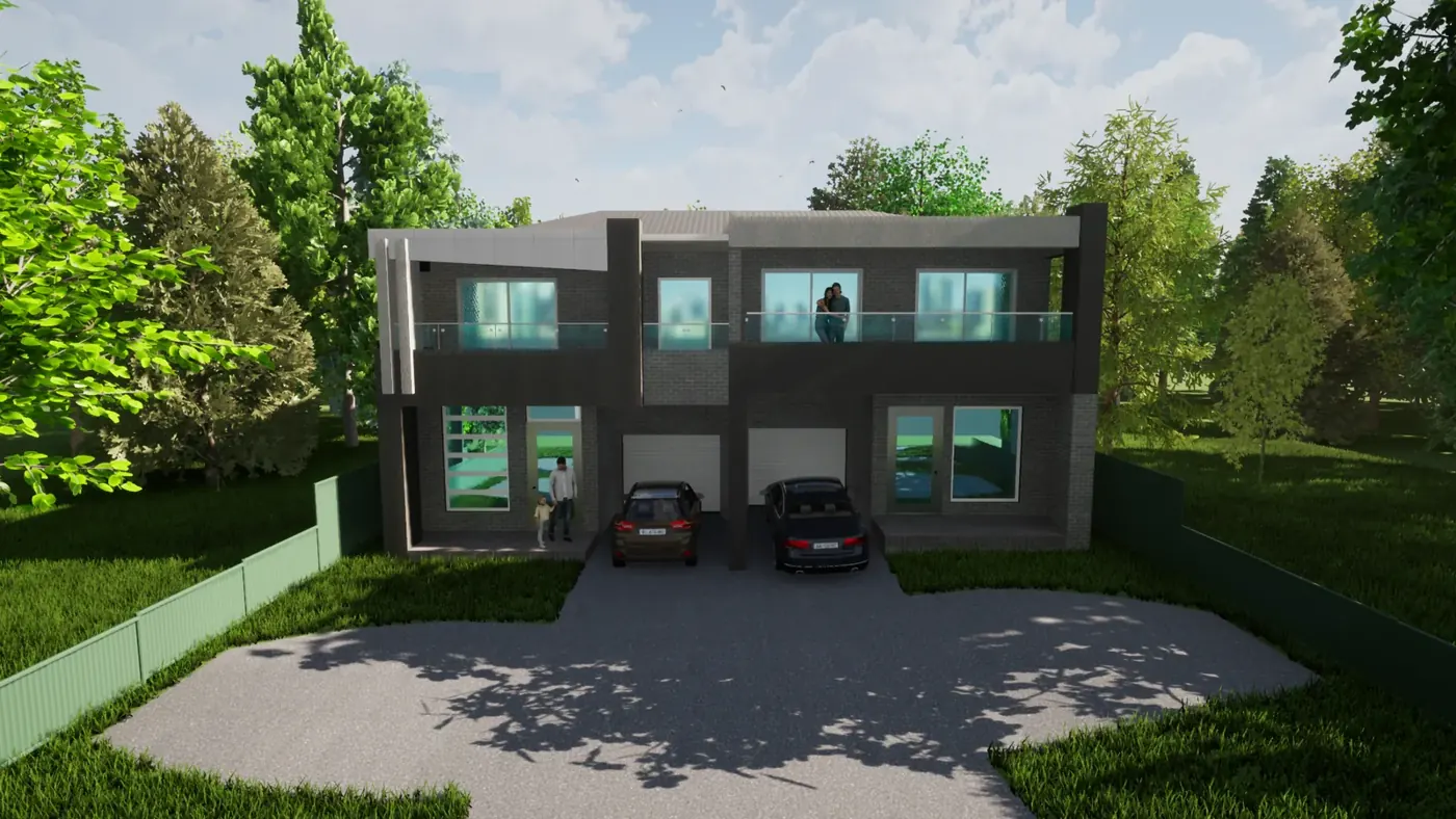 Render 6 of 6: dark-toned two-storey duplex with large windows and balconies, Padstow