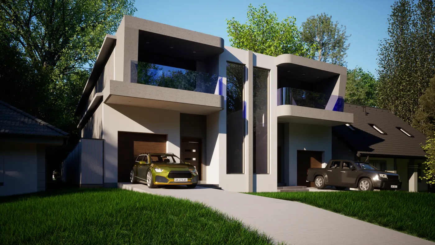 Render 1 of 6: two-storey duplex with rounded balconies and tall feature windows, Padstow