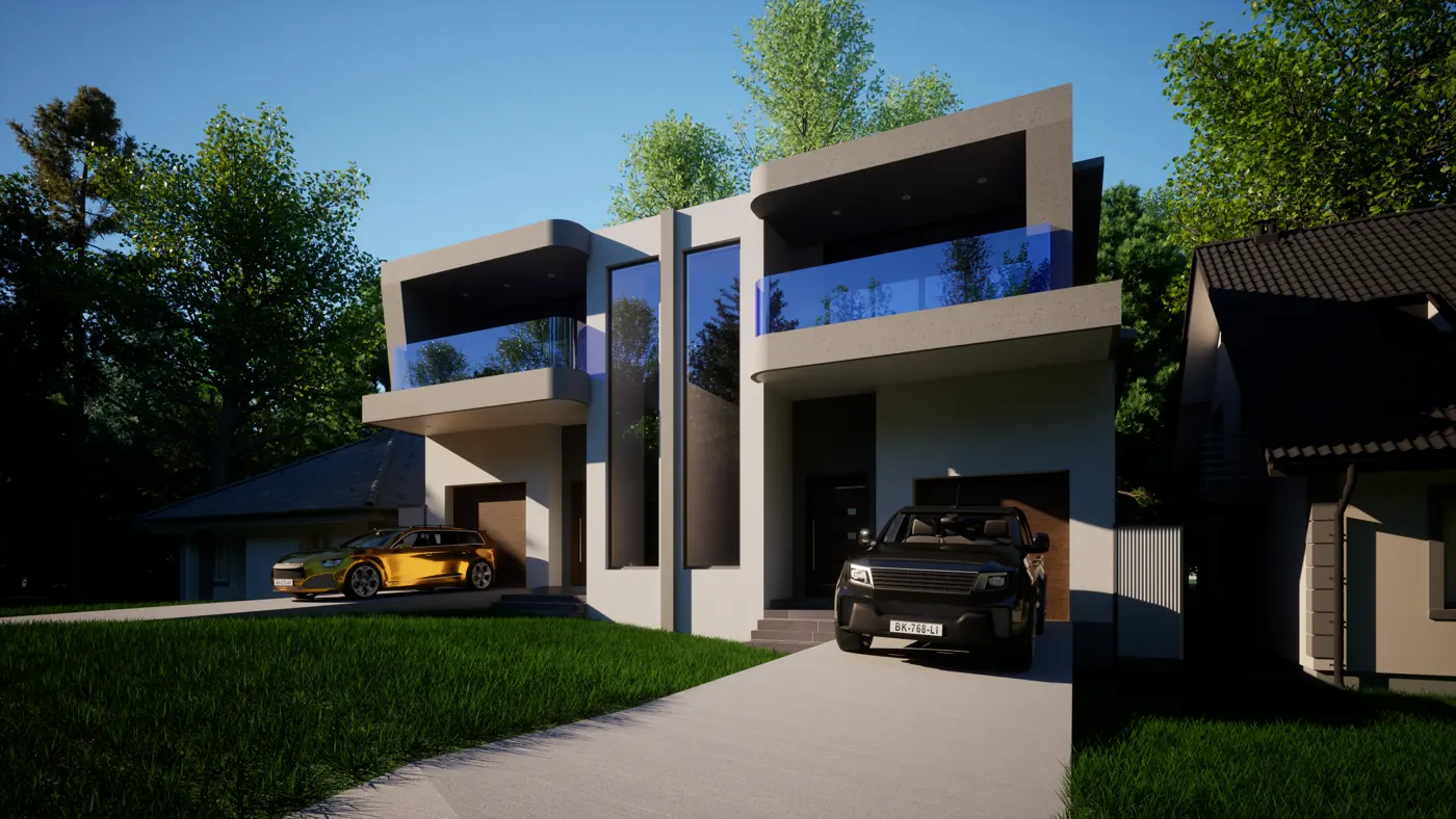 Render 2 of 6: two-storey duplex with rounded balconies and tall feature windows, Padstow