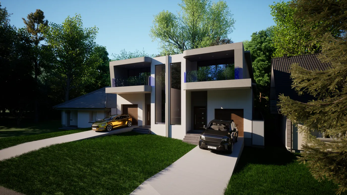 Render 3 of 6: two-storey duplex with rounded balconies and tall feature windows, Padstow