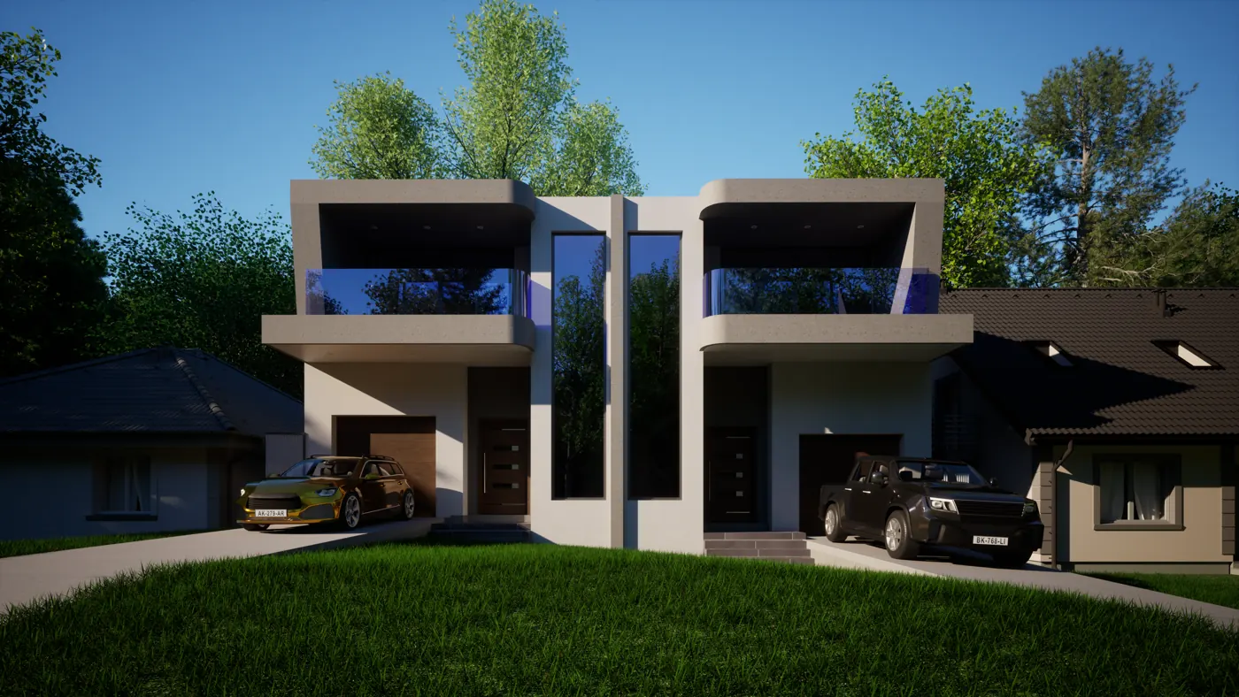 Render 4 of 6: two-storey duplex with rounded balconies and tall feature windows, Padstow