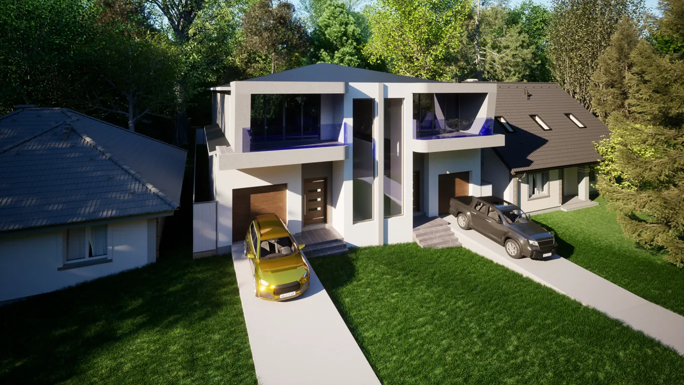 Render 5 of 6: two-storey duplex with rounded balconies and tall feature windows, Padstow