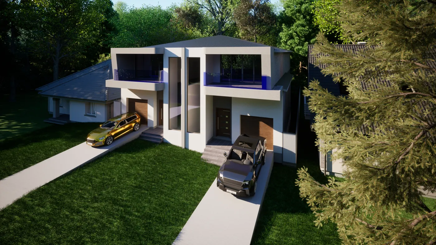 Render 6 of 6: two-storey duplex with rounded balconies and tall feature windows, Padstow
