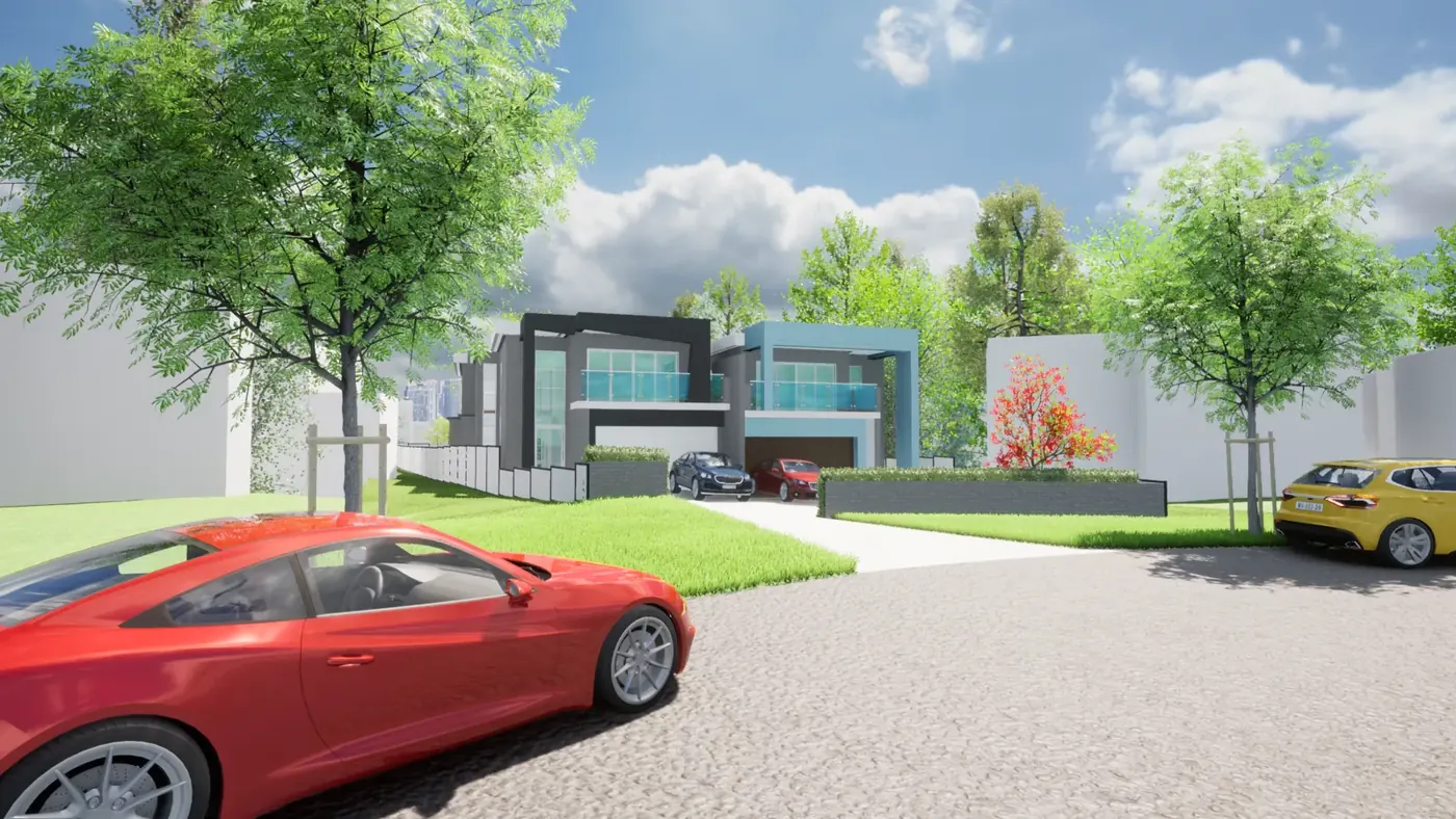 Render 1 of 6: duplex with garages and a rear granny flat, Padstow