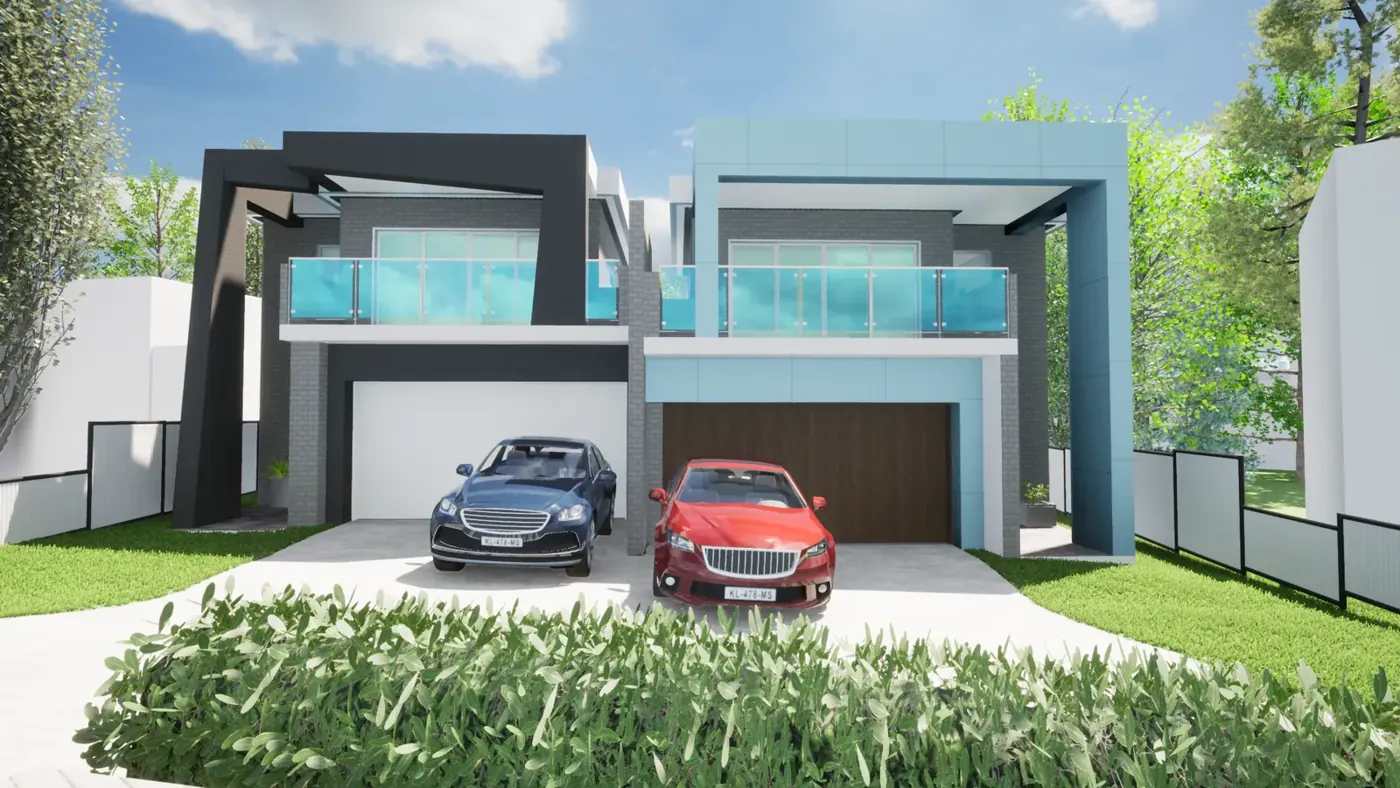 Render 2 of 6: duplex with garages and a rear granny flat, Padstow