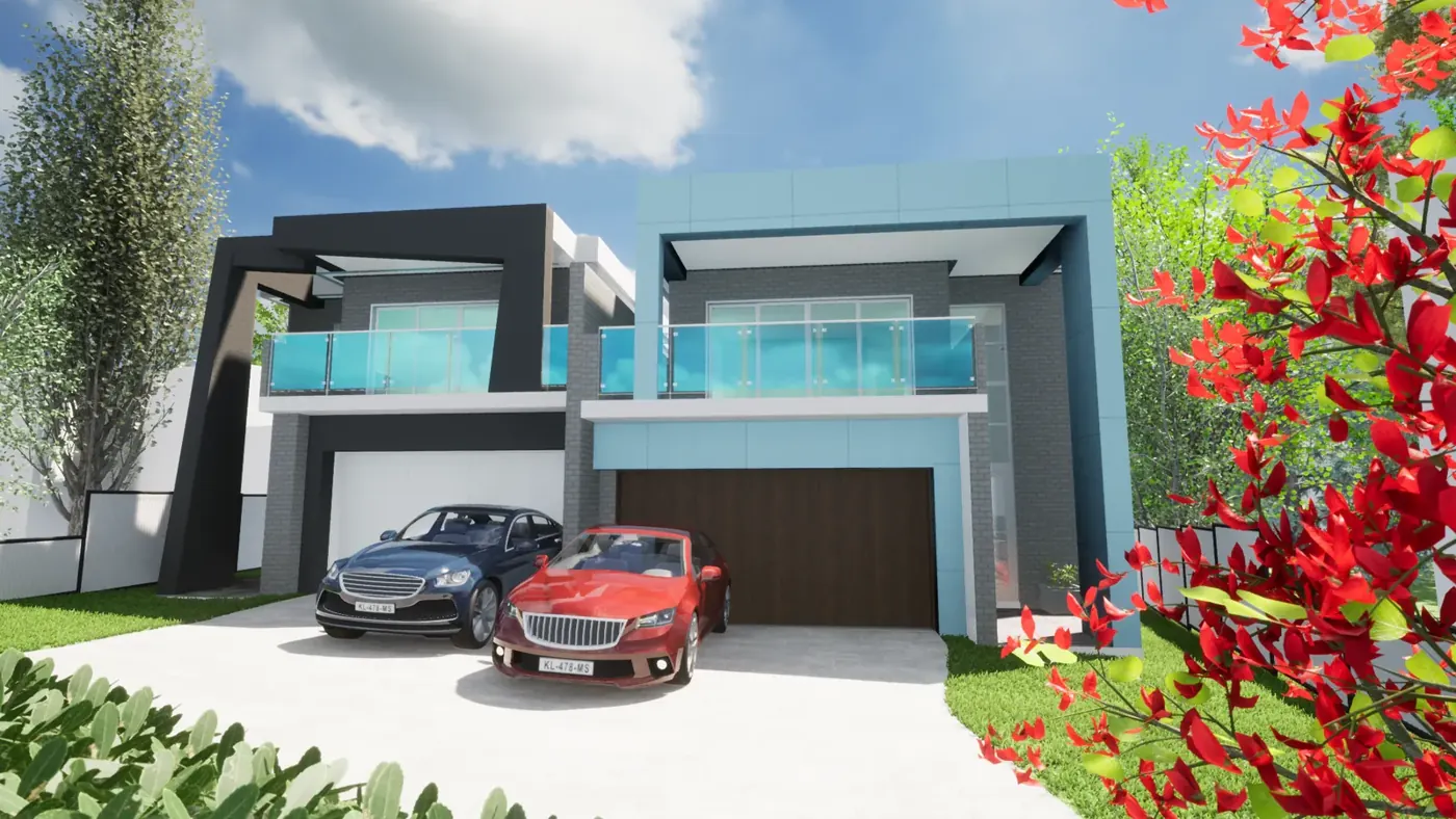 Render 5 of 6: duplex with garages and a rear granny flat, Padstow
