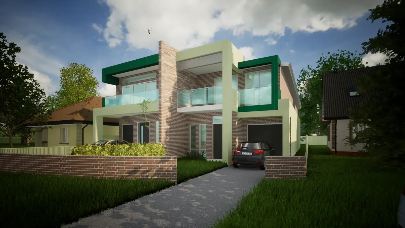 Render 1 of 6: two-storey duplex with glazed balconies and shared driveway, Panania