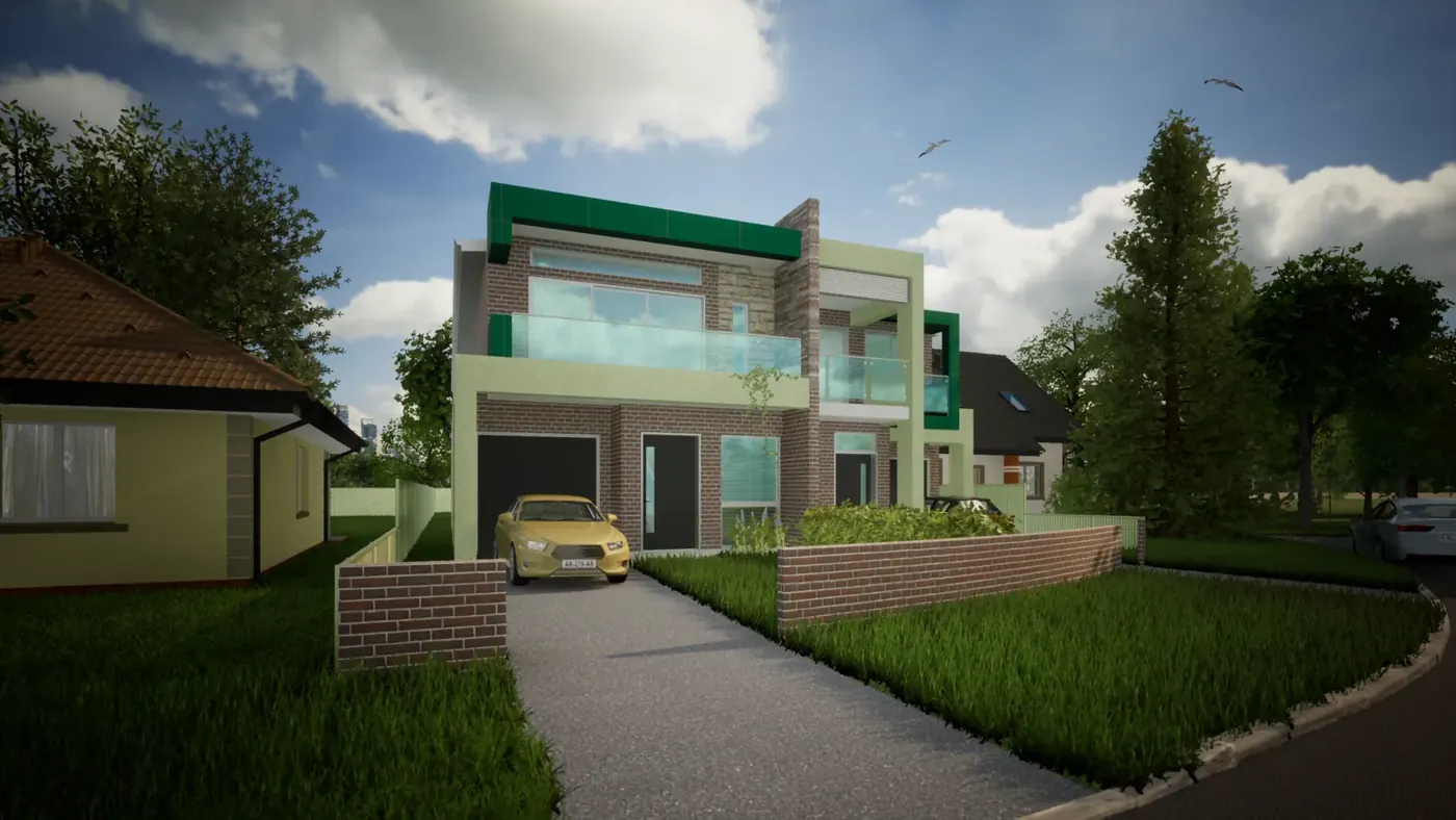 Render 2 of 6: two-storey duplex with glazed balconies and shared driveway, Panania