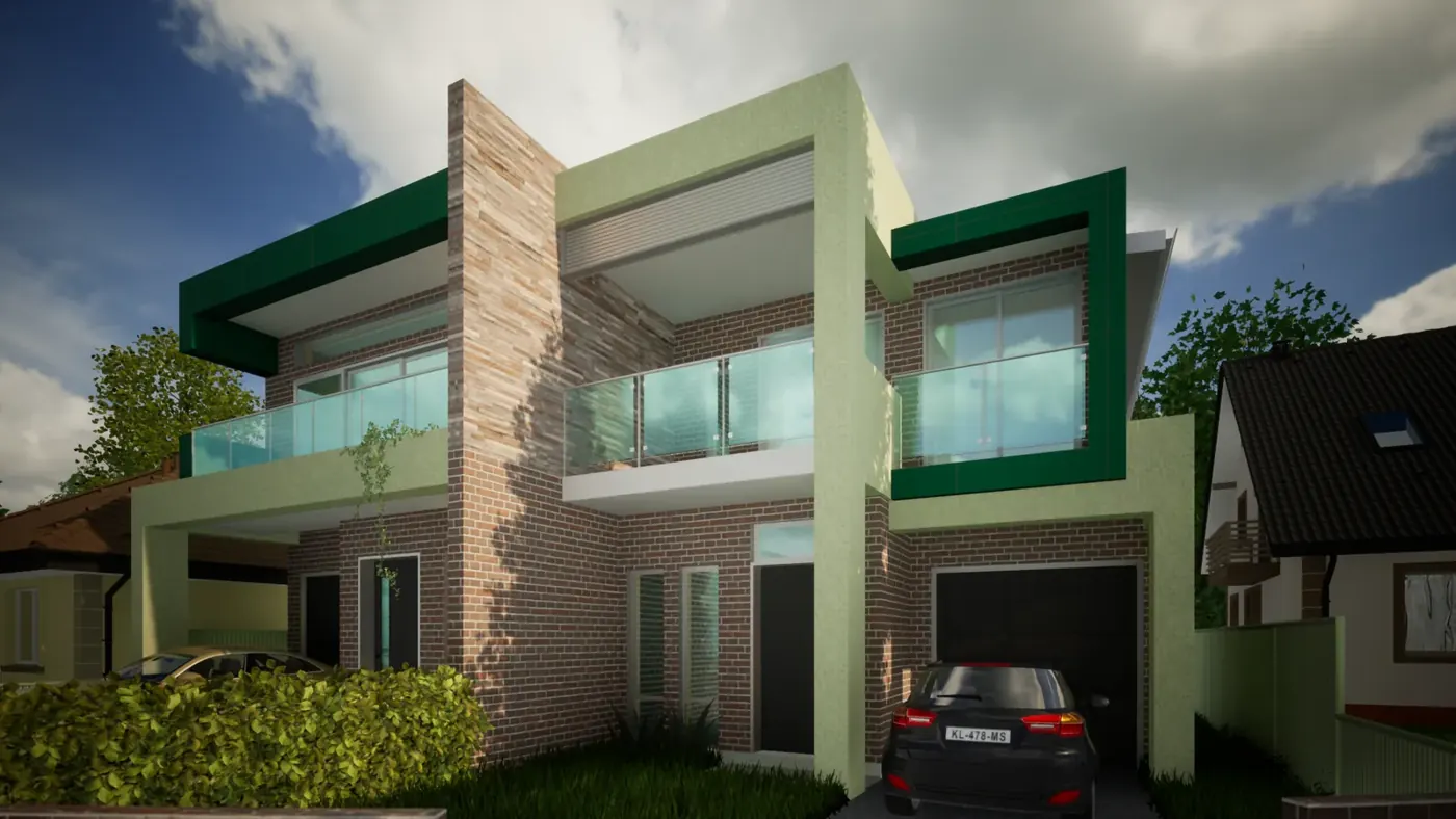 Render 3 of 6: two-storey duplex with glazed balconies and shared driveway, Panania