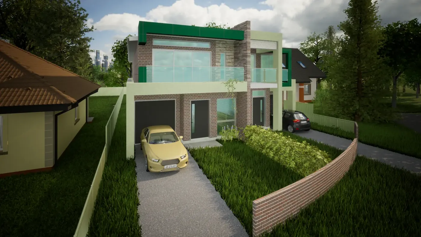 Render 4 of 6: two-storey duplex with glazed balconies and shared driveway, Panania
