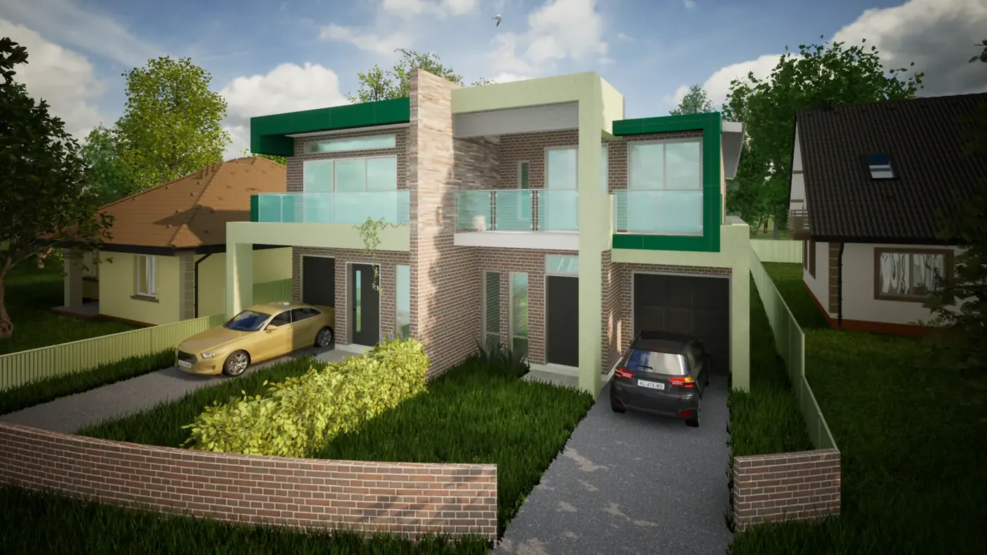 Render 5 of 6: two-storey duplex with glazed balconies and shared driveway, Panania