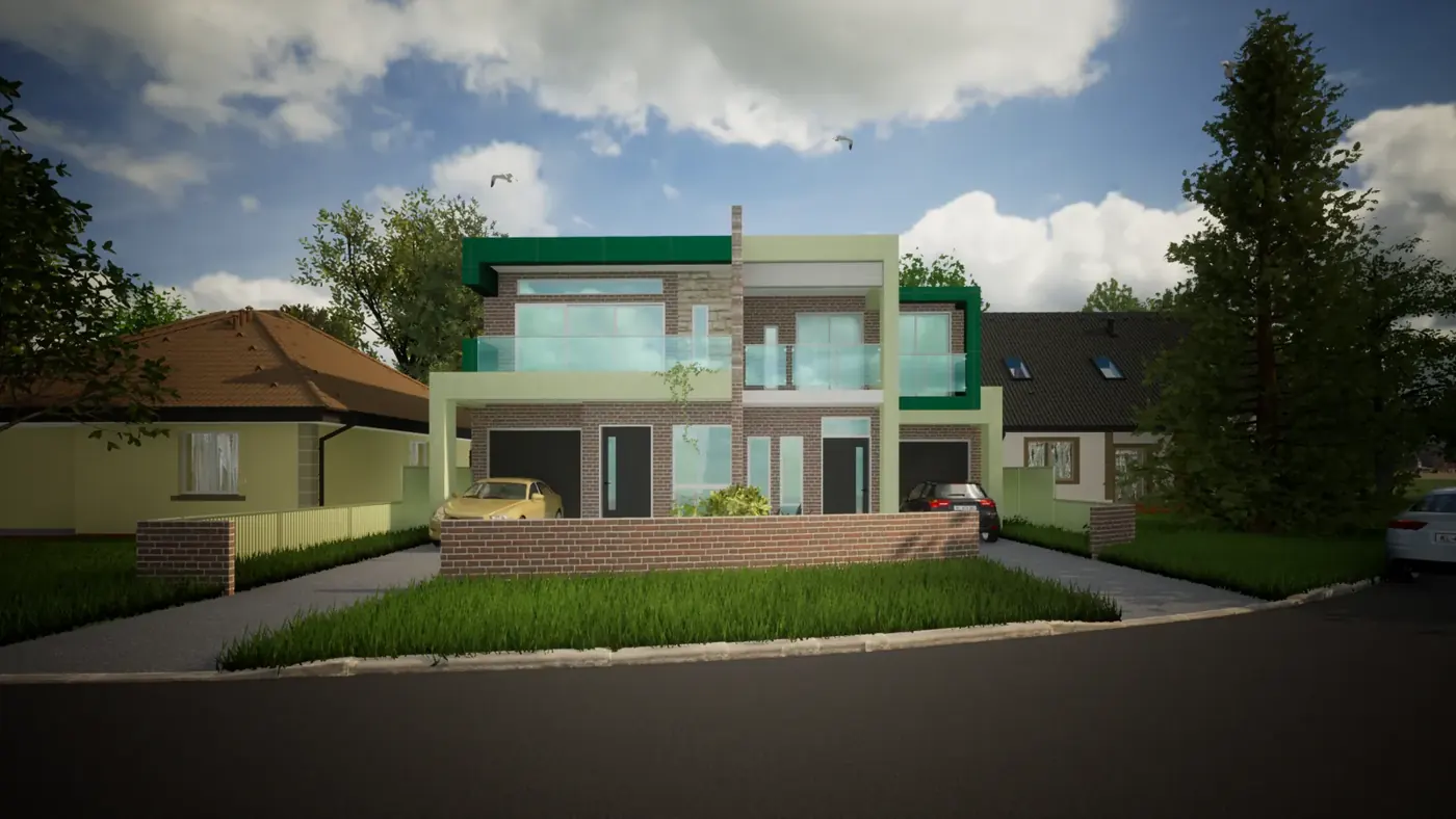 Render 6 of 6: two-storey duplex with glazed balconies and shared driveway, Panania