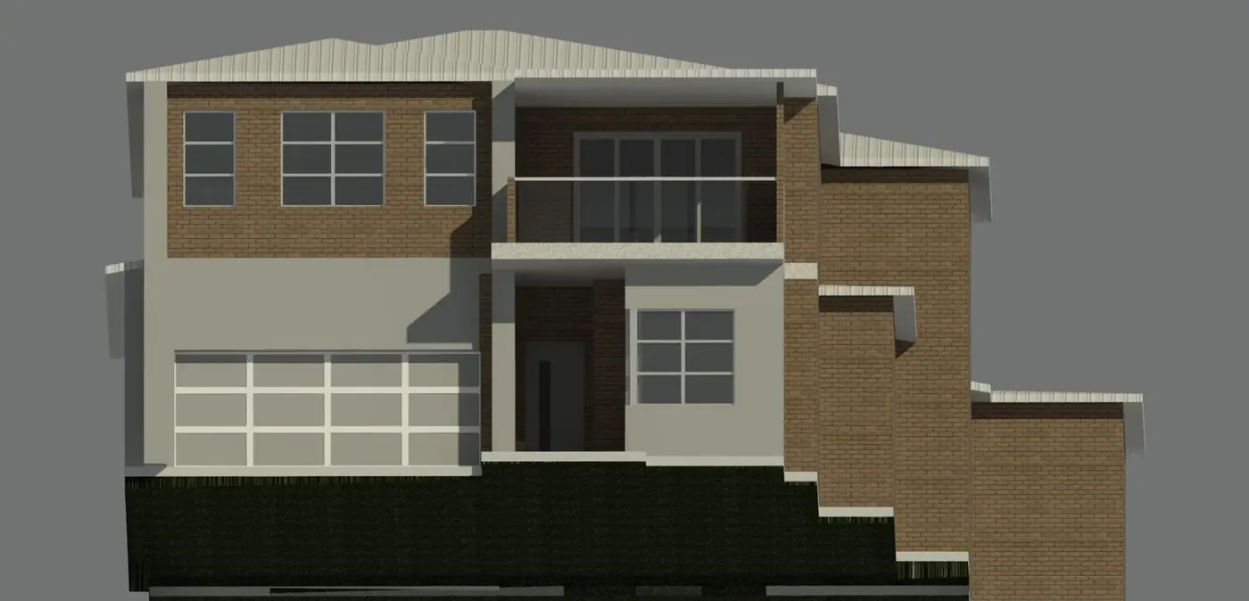 Render 2 of 6: 3D model of a brick house on a sloping site, Peakhurst