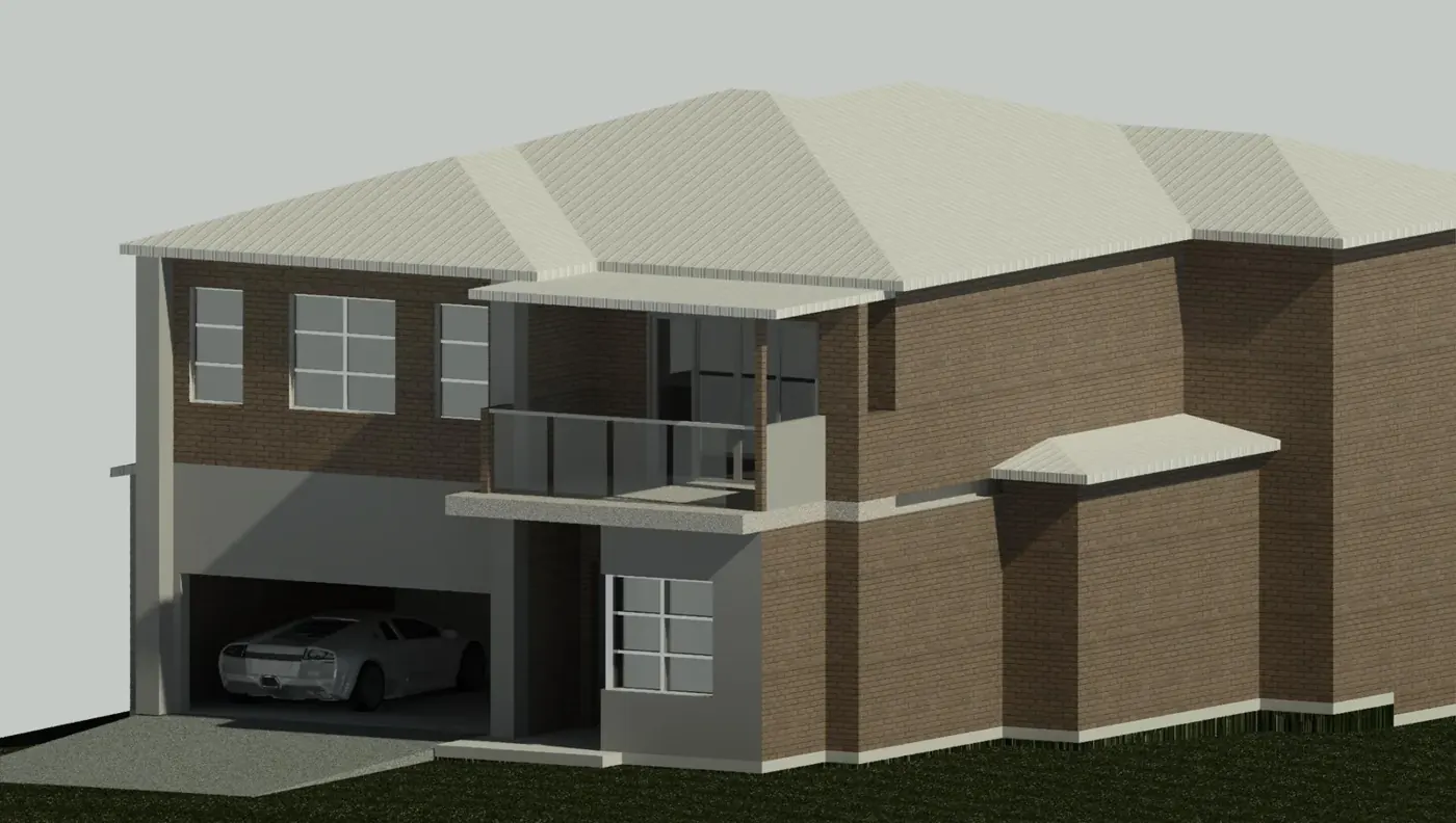Render 4 of 6: 3D model of a brick house on a sloping site, Peakhurst