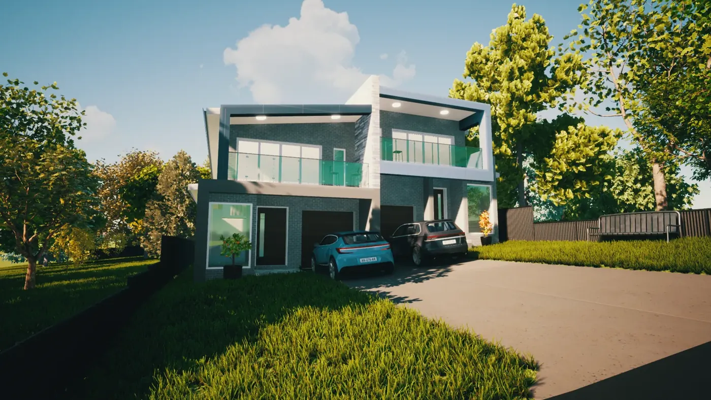 Render 1 of 6: two-storey home with glass balconies and double garage, Peakhurst