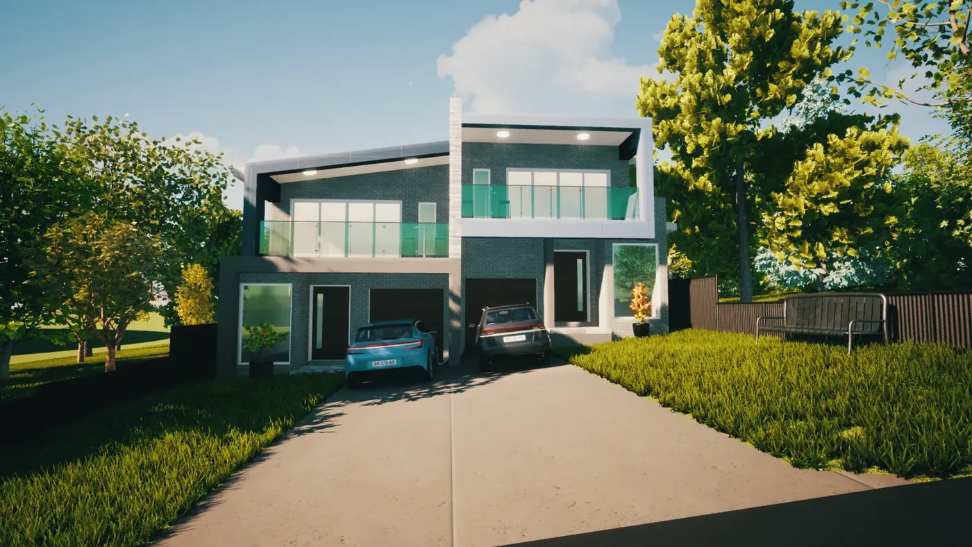 Render 2 of 6: two-storey home with glass balconies and double garage, Peakhurst