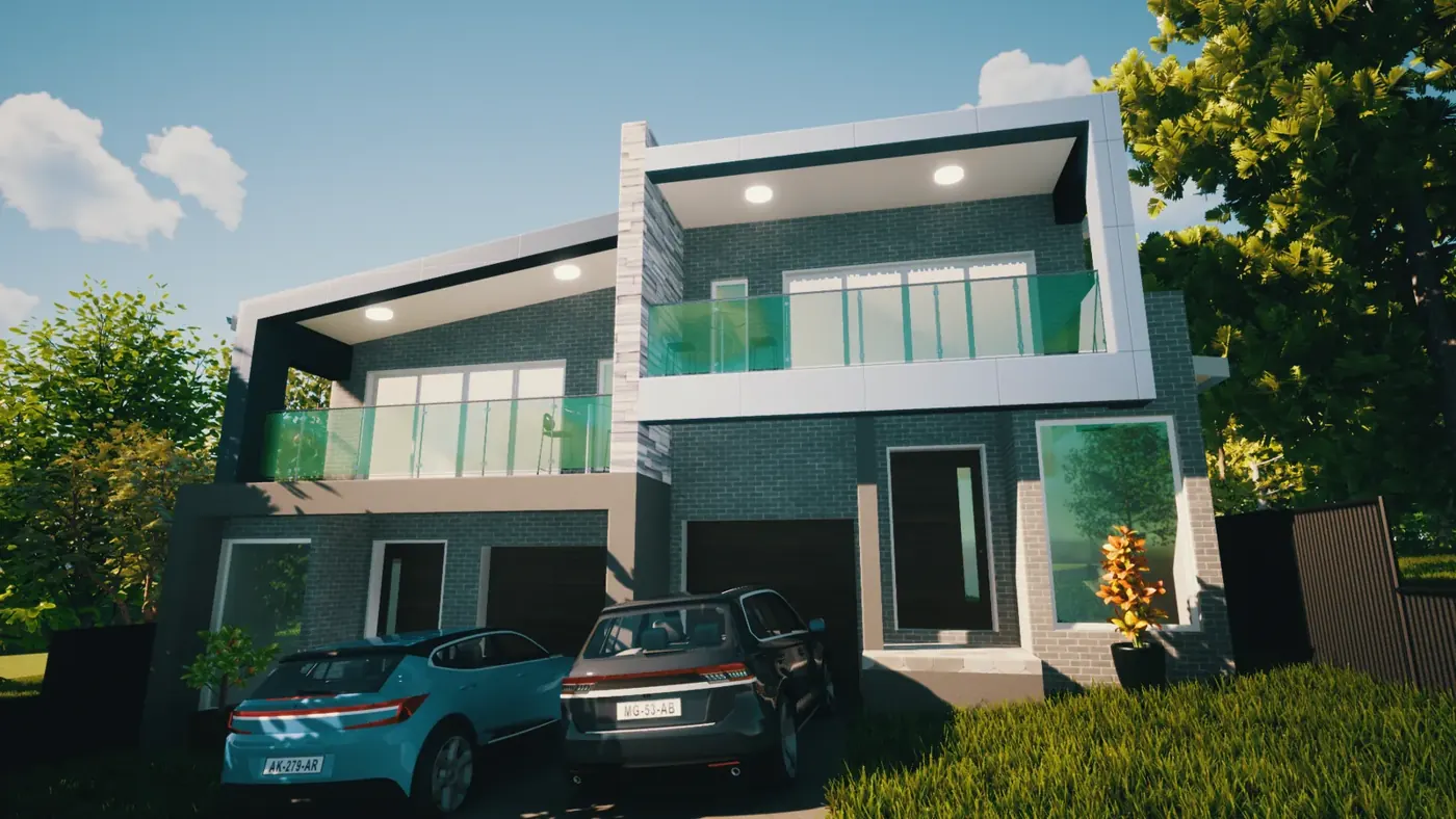 Render 3 of 6: two-storey home with glass balconies and double garage, Peakhurst