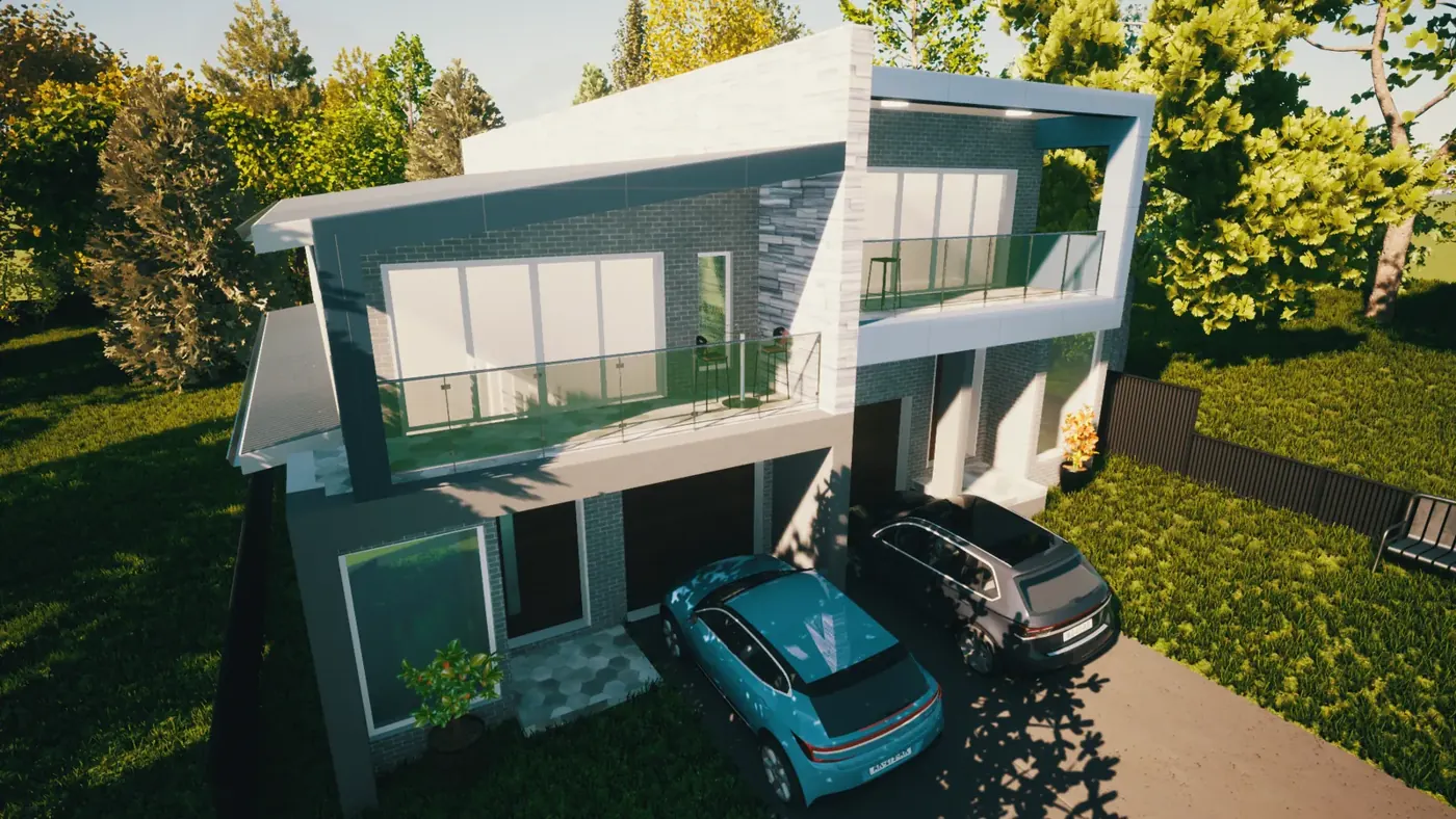 Render 4 of 6: two-storey home with glass balconies and double garage, Peakhurst