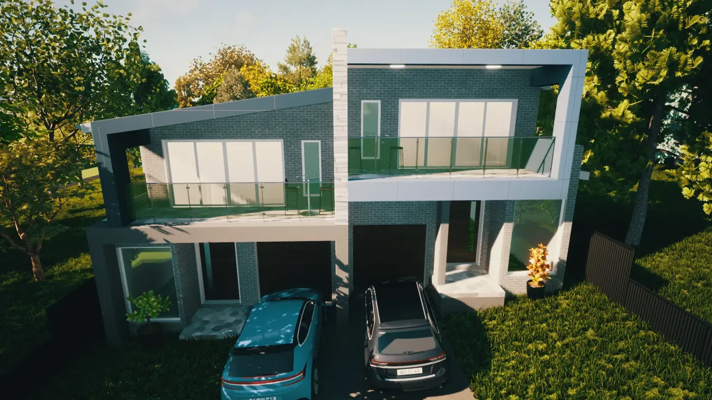 Render 5 of 6: two-storey home with glass balconies and double garage, Peakhurst