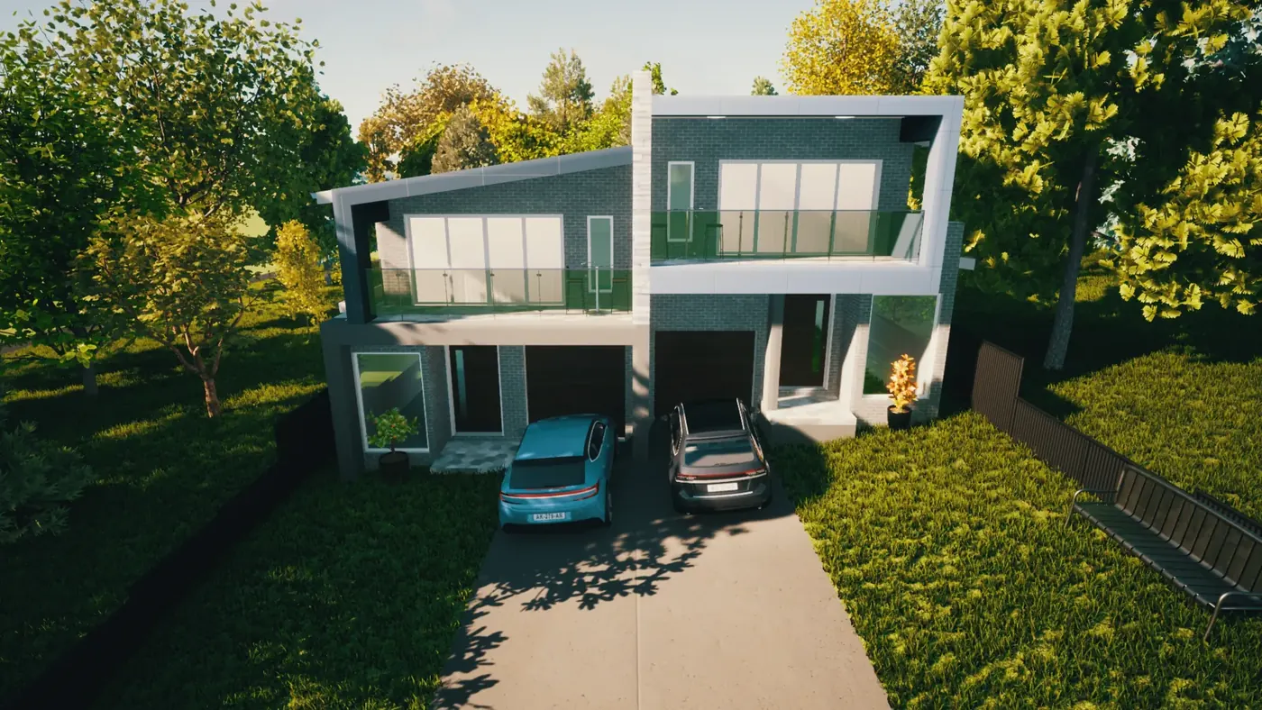 Render 6 of 6: two-storey home with glass balconies and double garage, Peakhurst