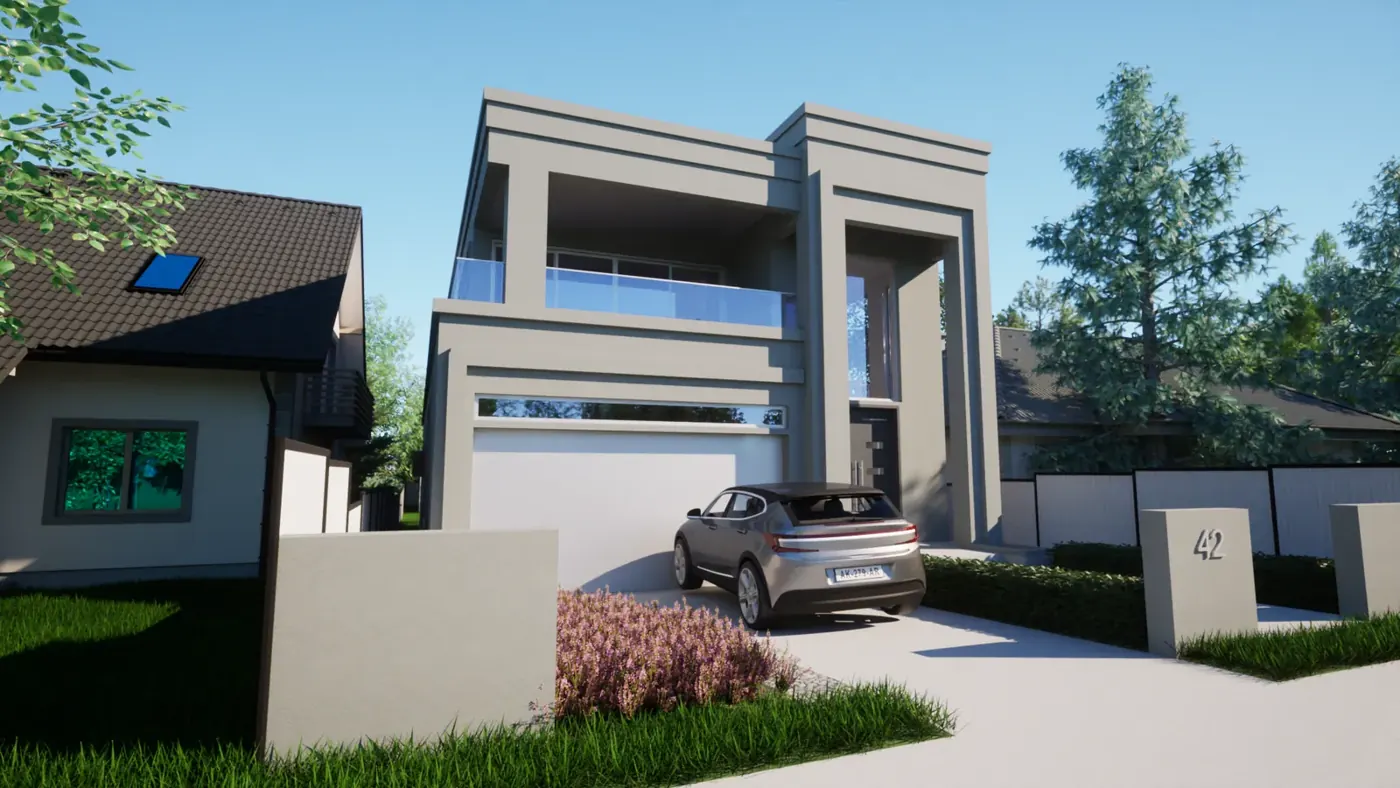 Render 1 of 5: two-storey house with framed entry and double garage, Sans Souci