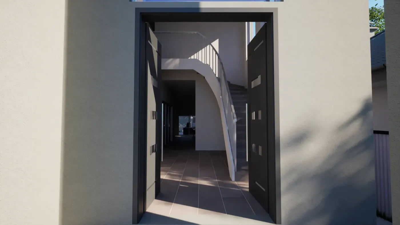 Render 2 of 5: two-storey house with framed entry and double garage, Sans Souci