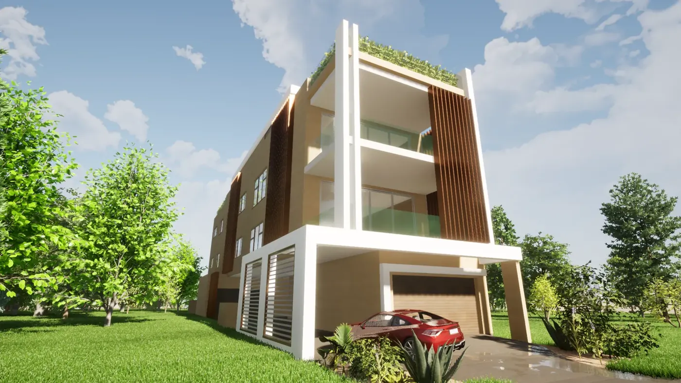 Render 1 of 3: three-storey block of units with timber screens and undercover parking, Southport
