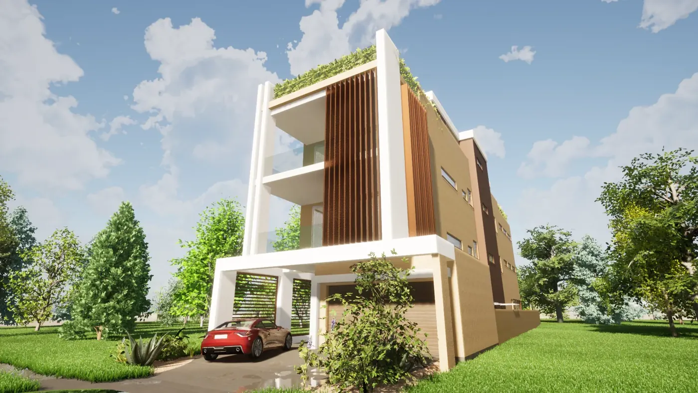 Render 2 of 3: three-storey block of units with timber screens and undercover parking, Southport