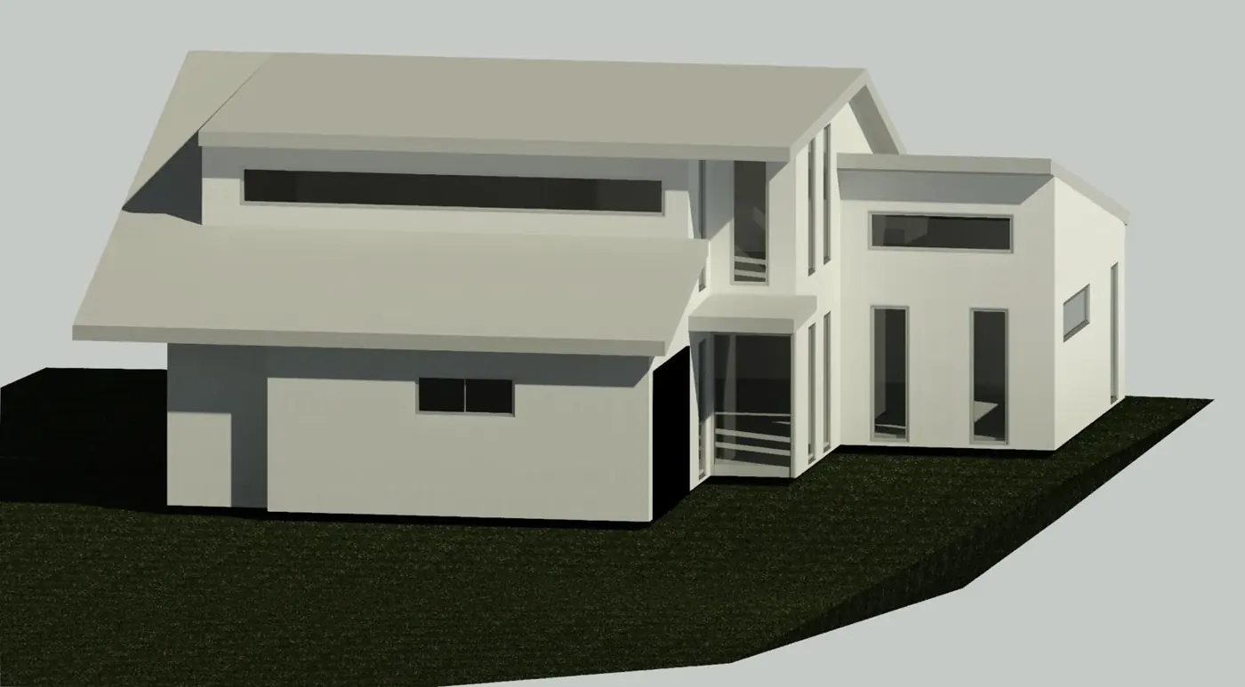 Render 1 of 5: 3D model of a two-storey house with skillion roofs, Sutherland