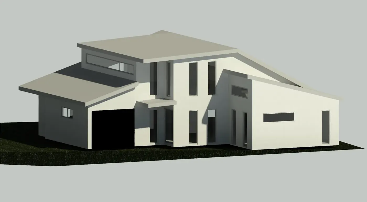 Render 2 of 5: 3D model of a two-storey house with skillion roofs, Sutherland