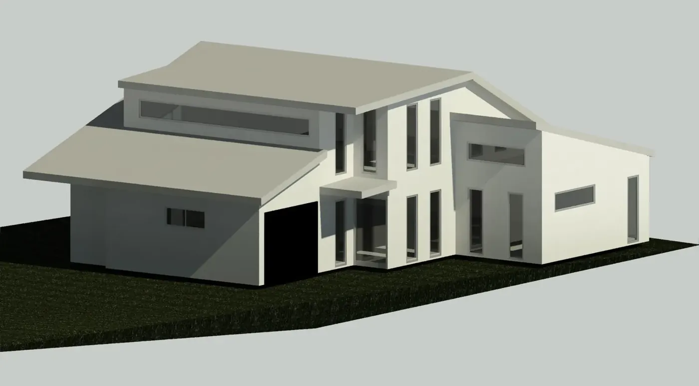 Render 3 of 5: 3D model of a two-storey house with skillion roofs, Sutherland