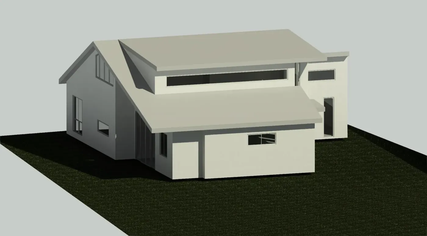 Render 4 of 5: 3D model of a two-storey house with skillion roofs, Sutherland