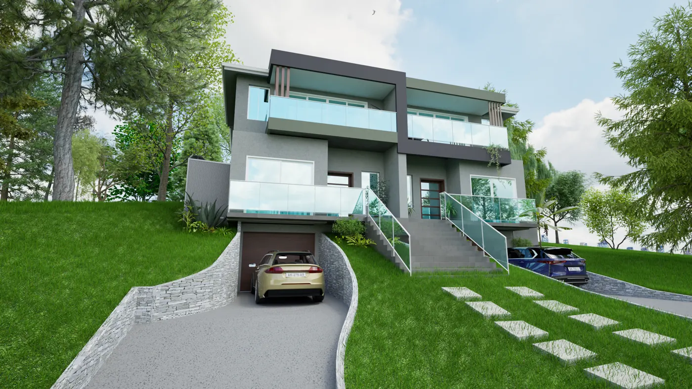 Render 1 of 8: duplex on a sloping site with basement garages and stone retaining walls, Sylvania