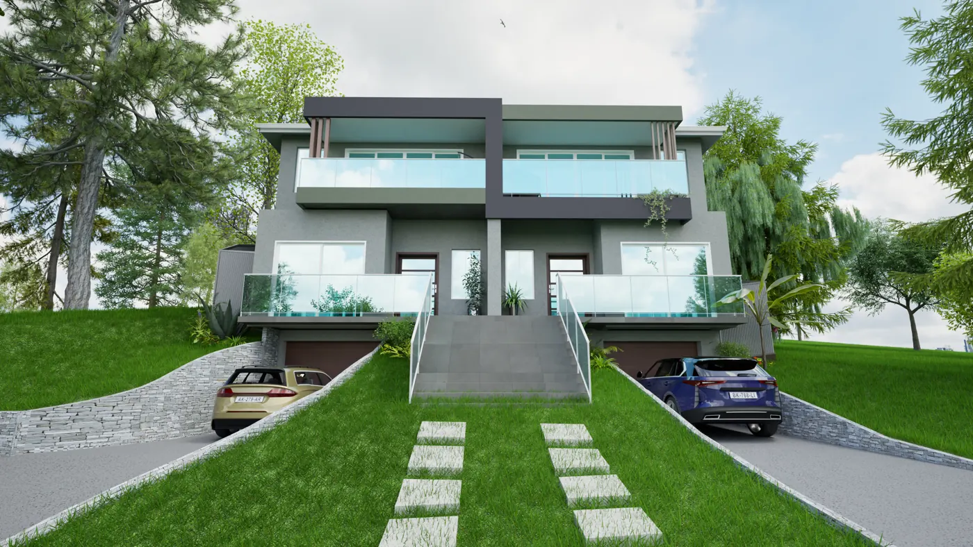 Render 2 of 8: duplex on a sloping site with basement garages and stone retaining walls, Sylvania