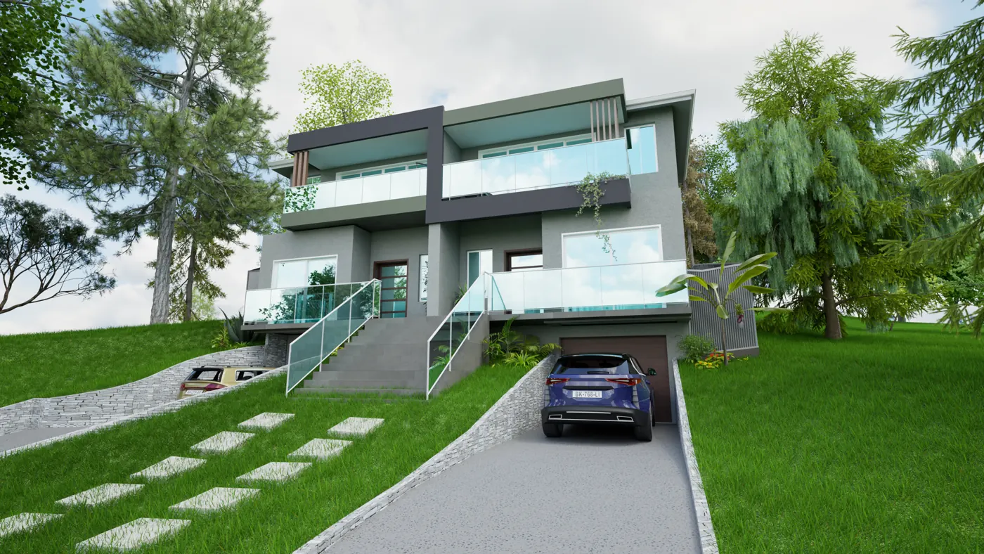 Render 3 of 8: duplex on a sloping site with basement garages and stone retaining walls, Sylvania