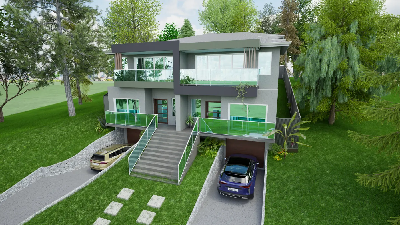 Render 4 of 8: duplex on a sloping site with basement garages and stone retaining walls, Sylvania