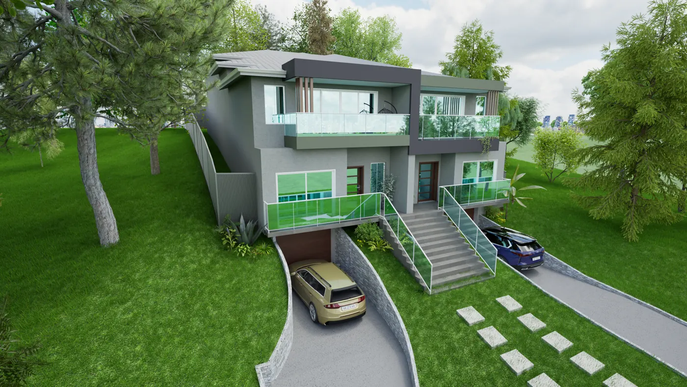 Render 5 of 8: duplex on a sloping site with basement garages and stone retaining walls, Sylvania
