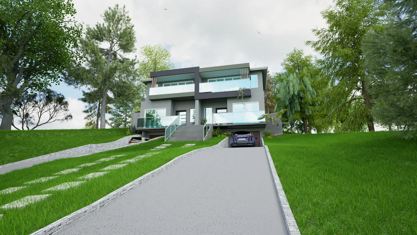 Render 6 of 8: duplex on a sloping site with basement garages and stone retaining walls, Sylvania