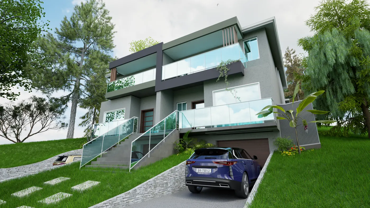 Render 7 of 8: duplex on a sloping site with basement garages and stone retaining walls, Sylvania