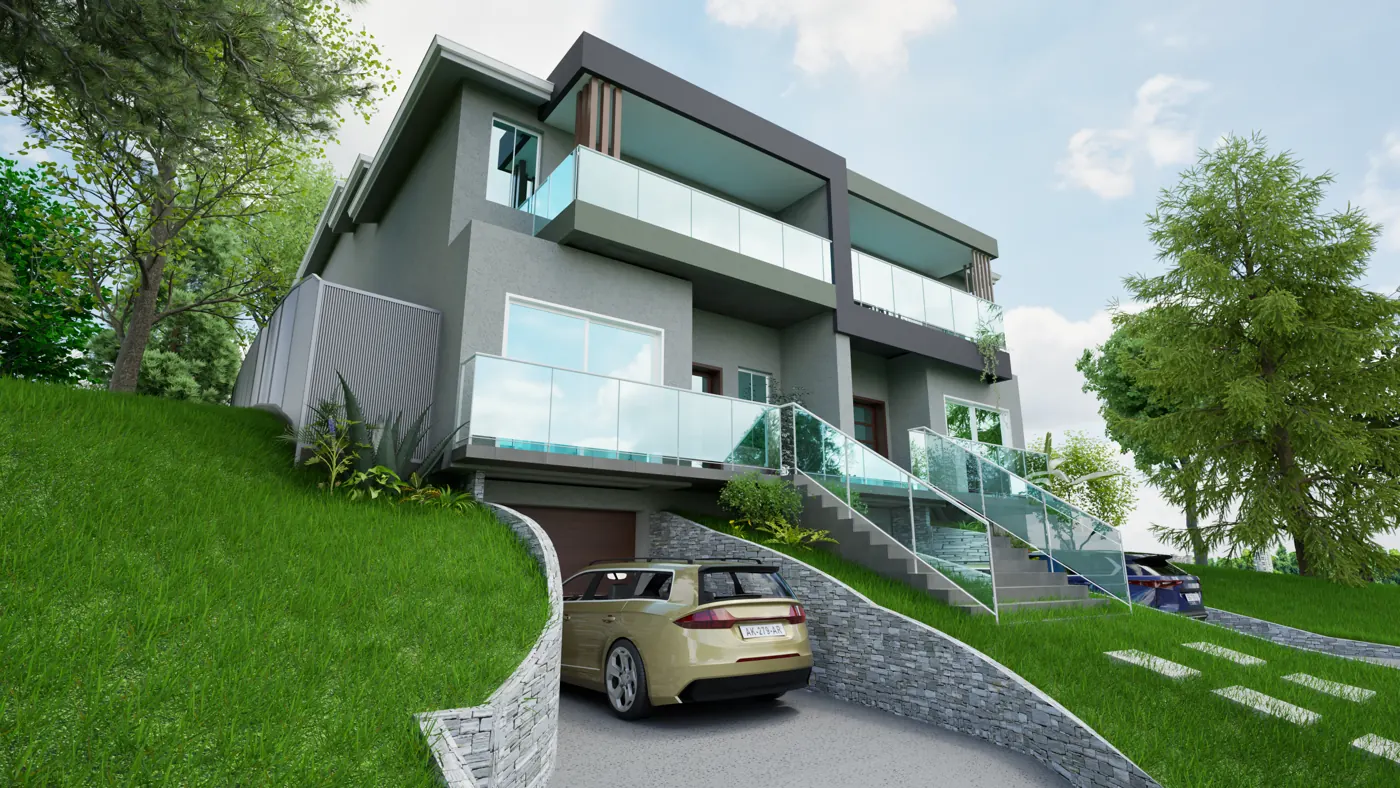 Render 8 of 8: duplex on a sloping site with basement garages and stone retaining walls, Sylvania