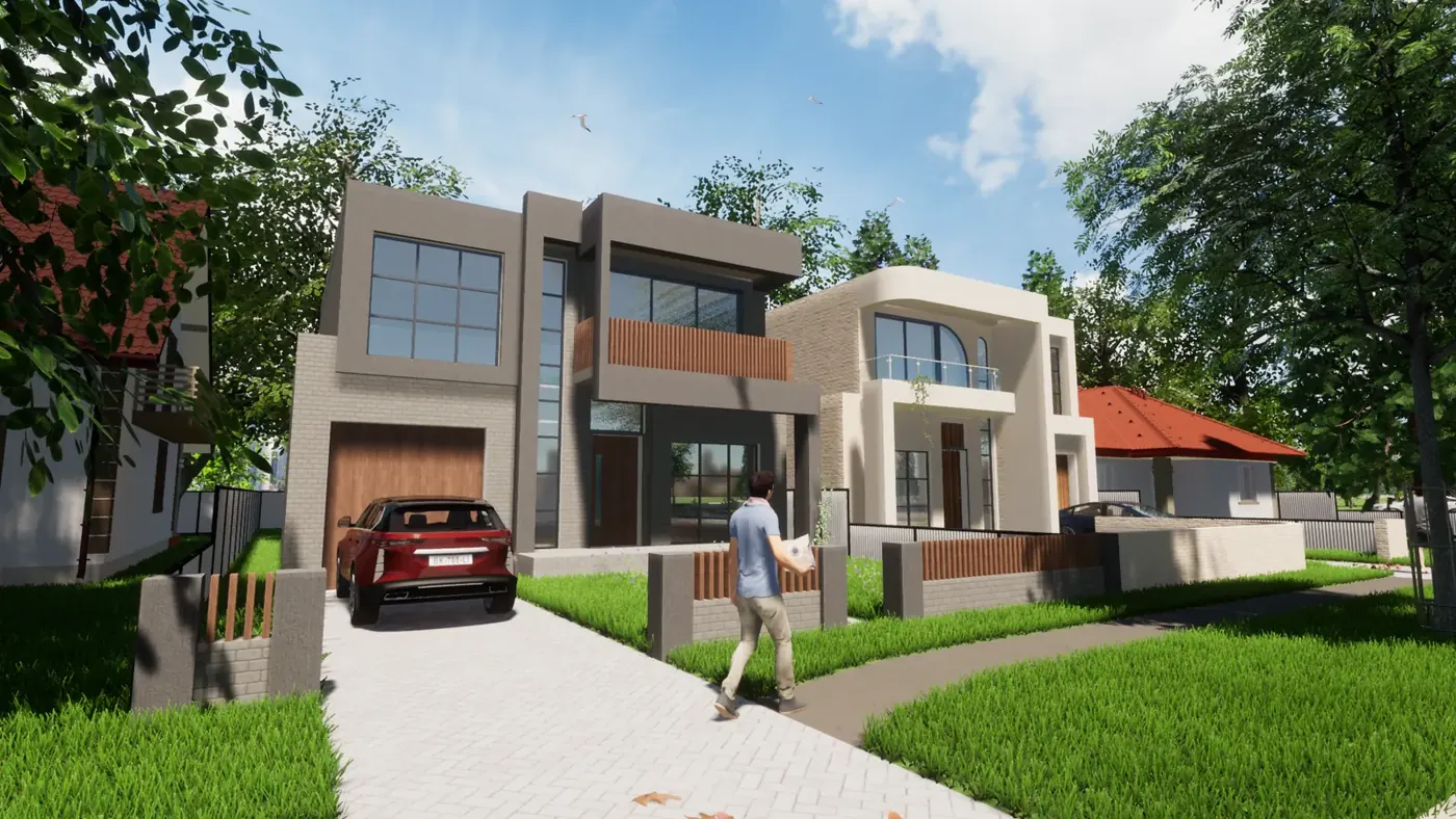 Render 1 of 6: two neighbouring two-storey houses with glass balconies and garages, Sylvania