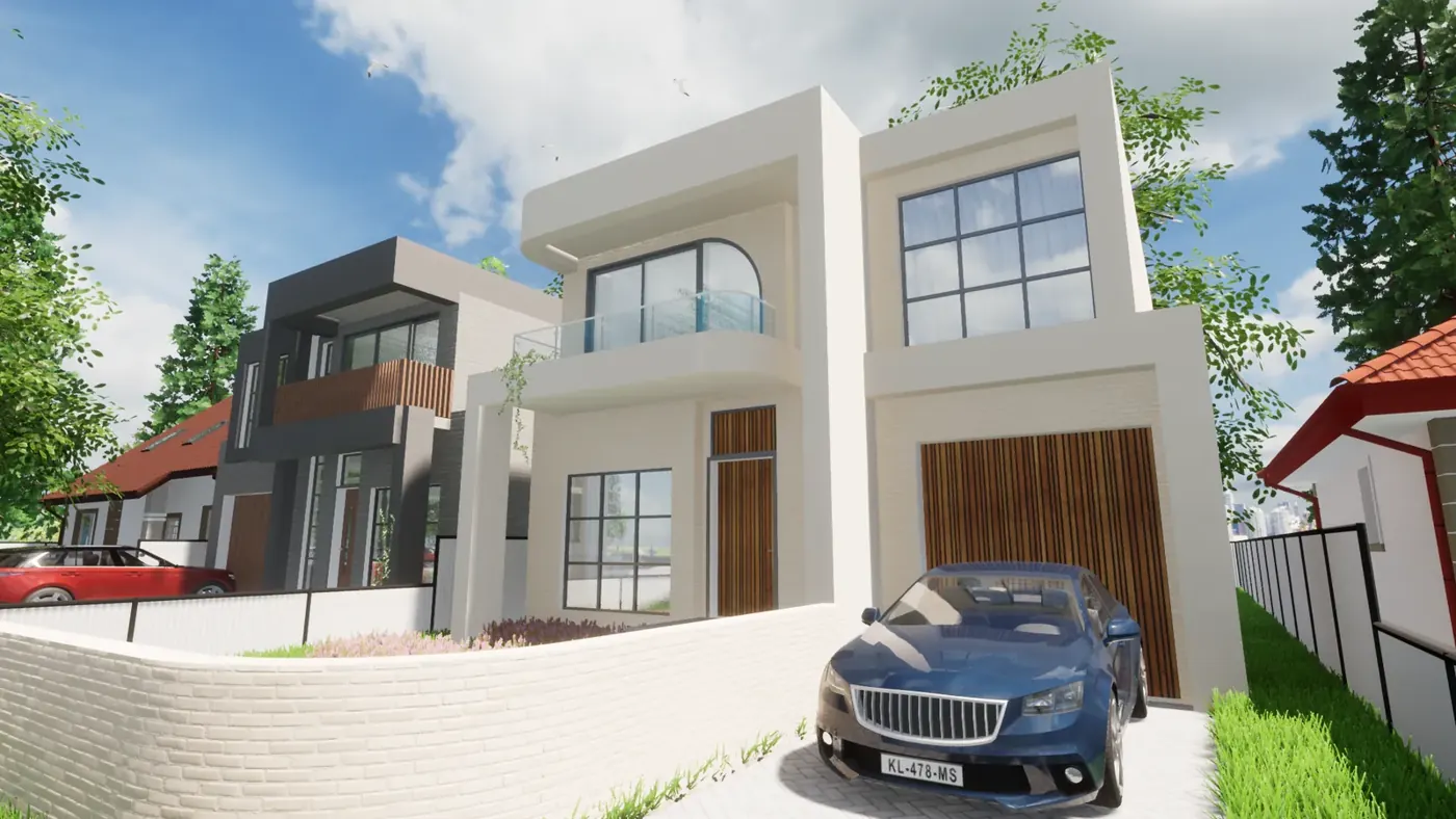 Render 2 of 6: two neighbouring two-storey houses with glass balconies and garages, Sylvania