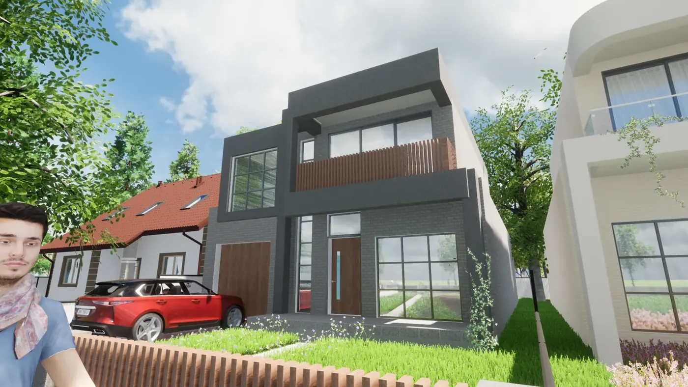 Render 3 of 6: two neighbouring two-storey houses with glass balconies and garages, Sylvania